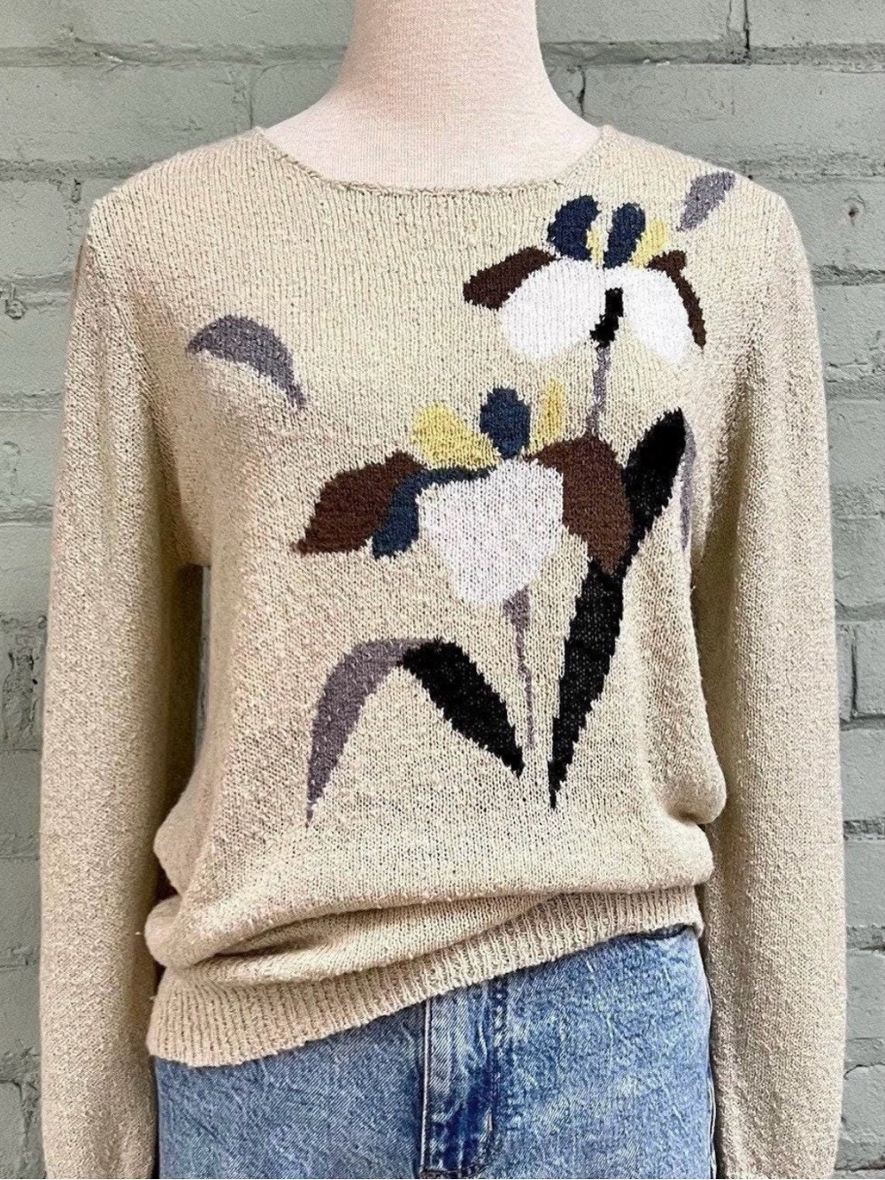 Beige Floral Knit Sweater - Lightweight Scoop Neck